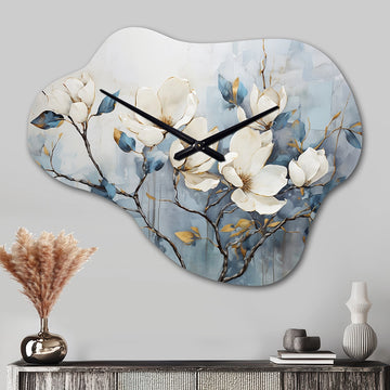 Elegant White And Blue Magnolias Tranquility - Asymmetric Metal Wall Clock